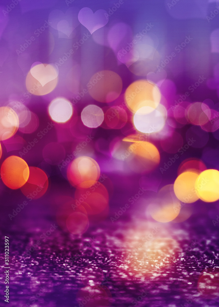 Hearts on a sparkling shiny background. Red abstract background. Blurry bokeh, neon light. Hearts on a sparkling shiny background. Red abstract background. Blurry bokeh, neon light.