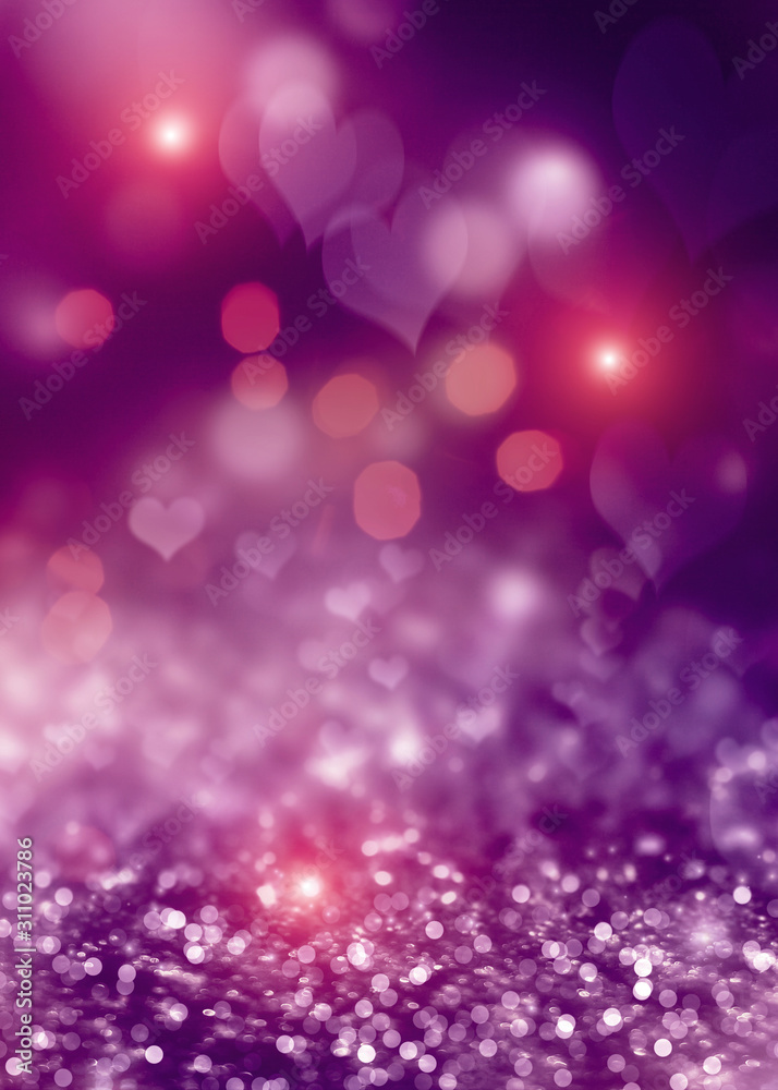 Hearts on a sparkling shiny background. Red abstract background. Blurry bokeh, neon light.