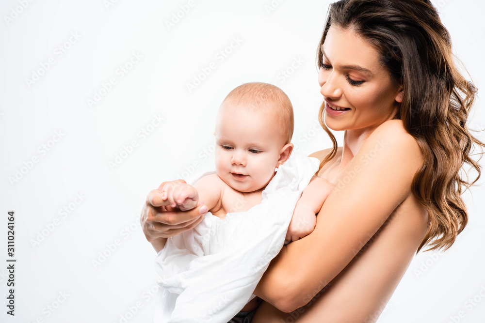portrait of happy nude mother holding baby, isolated on white portrait of happy nude mother holding baby, isolated on white