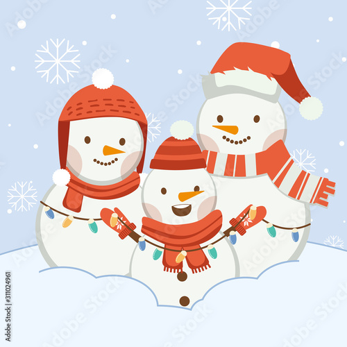 The character of cute snowman with friends or family on the blue background and snow. The character of cute snowman wear winter hat ans scarf and winter gloves and light bulb in flat vector style.