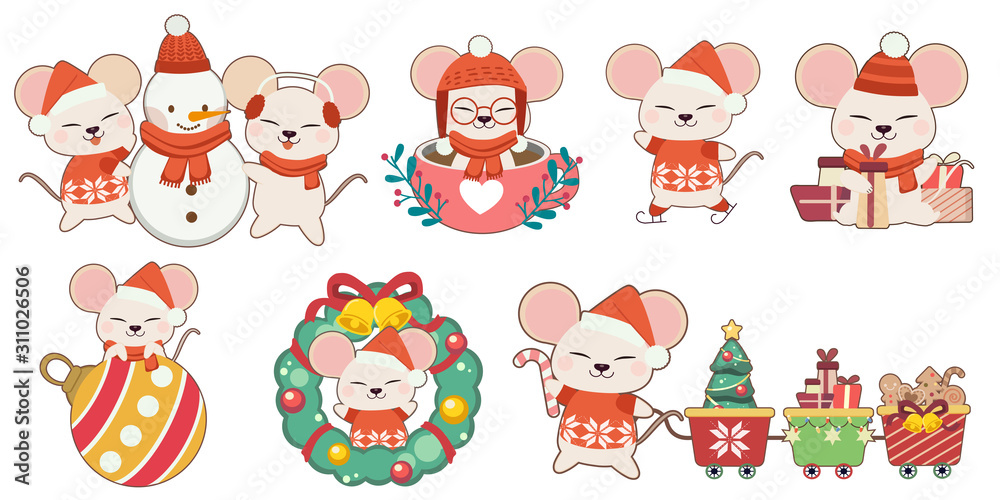 The collection of cute mouse in christmas theme set on the white background. The character of cute mouse with friends and christmas elements in flat vector style.