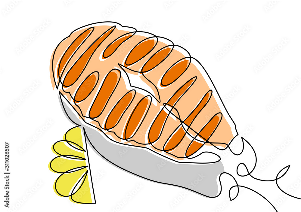 Continuous line drawing. Salmon steak with lemon Continuous line drawing. Salmon steak with lemon