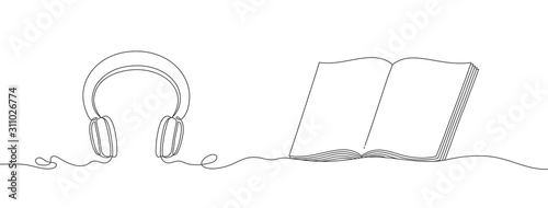 Headphones and an open book with a heart, a continuous linear pattern. Musical instrument for listening music and a educational subject for reading on white background.