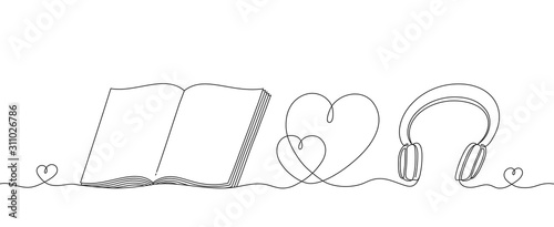 Headphones and an open book with a heart, a continuous linear pattern. Musical instrument for listening music and a educational subject for reading