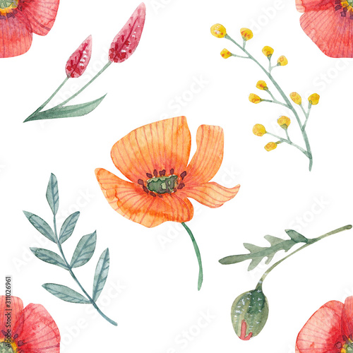 Fototapeta Naklejka Na Ścianę i Meble -  Seamless pattern floral design with hand-drawn wild flowers - poppies and herbs. The repeated drawing can be used for web page background, surface texture and fabrics. Watercolor illustration