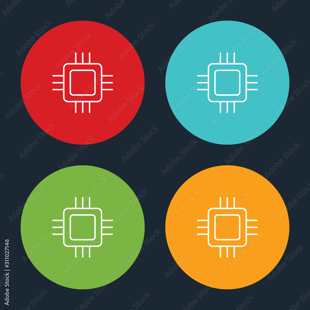 Very Useful Motherboard Chip Line Icon On Four Color Round Options. Very Useful Motherboard Chip Line Icon On Four Color Round Options.