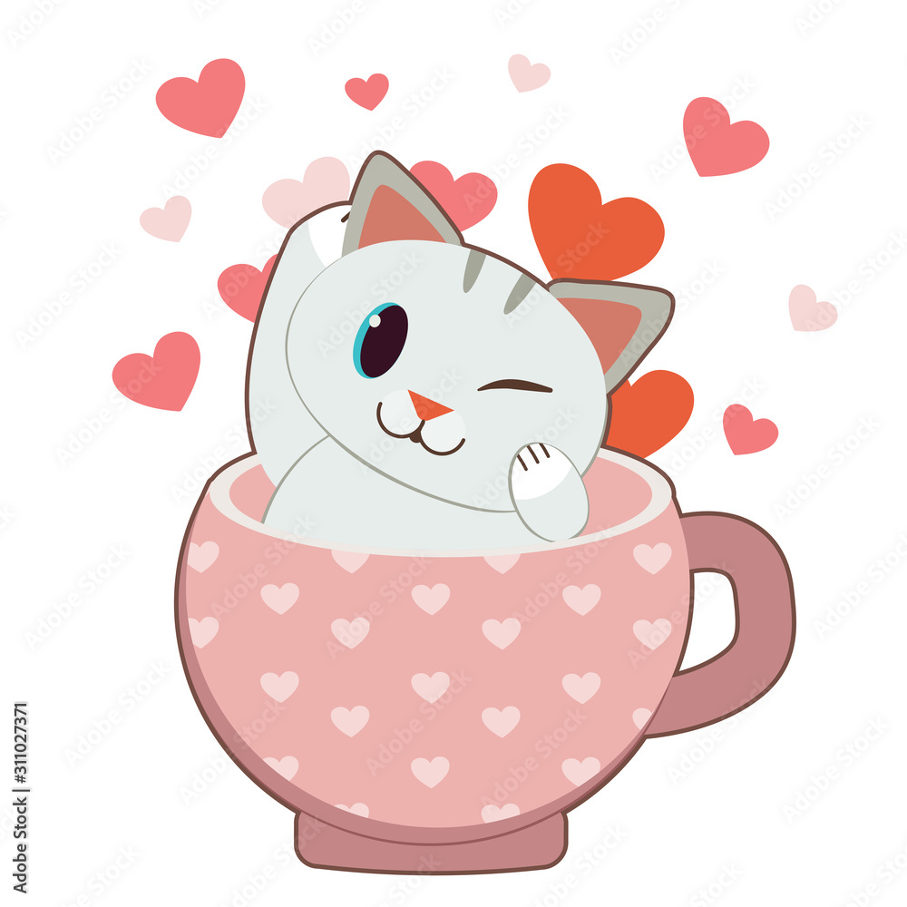 The character of cute cat sitting in the pink cup with the heart. The cute cup with pattern of heart. The cute cat smiling in the pinkcup. The character of cute cat in flat vector style. The character of cute cat sitting in the pink cup with the heart. The cute cup with pattern of heart. The cute cat smiling in the pinkcup. The character of cute cat in flat vector style.