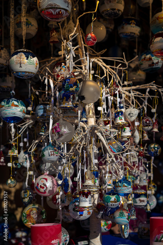 Merano, South Tyrol, Italy - 12 14 19. Detail of Christmas decorations for sale in a kiosk of the Christmas market