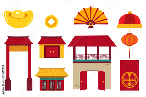 The collection of objects of chinese new year theme set. The collection of cute chinese house and chinese gold and coin and fan and hat and lantern in flat vector style.