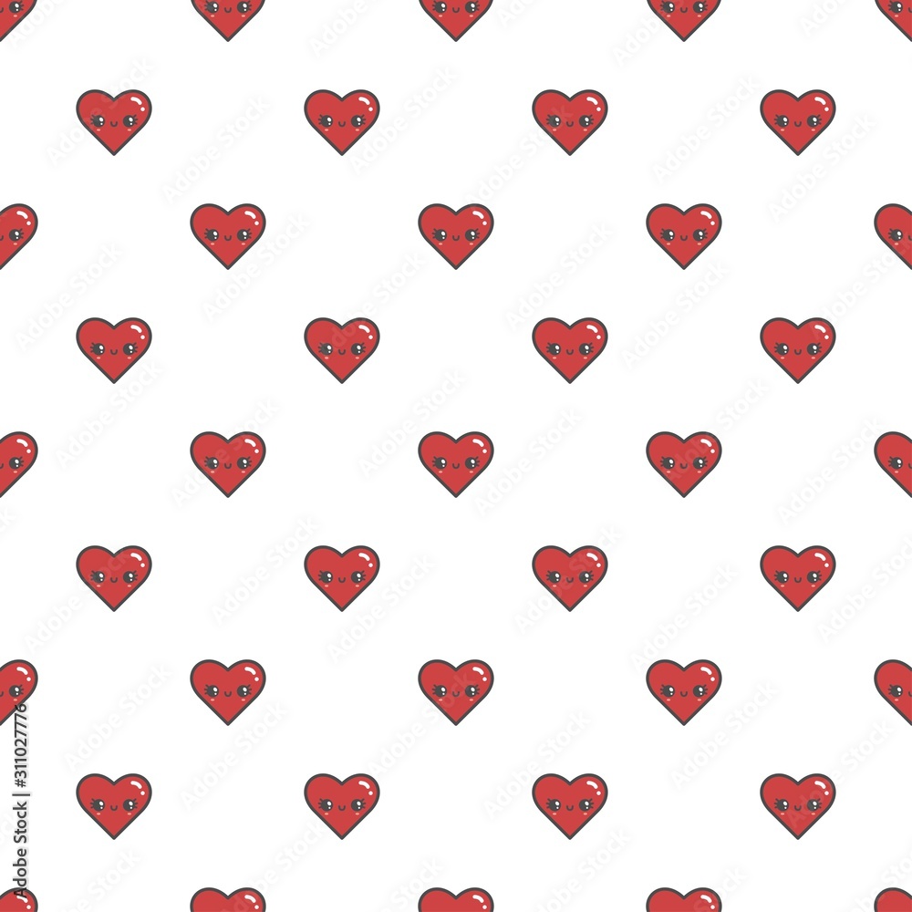 St Valentine's day theme. Cute red kawaii hearts. Japanese cartoon manga style. Funny anime character. Trendy vector illustration. Seamless pattern. Flat design. Wallpaper background. Equal interval St Valentine's day theme. Cute red kawaii hearts. Japanese cartoon manga style. Funny anime character. Trendy vector illustration. Seamless pattern. Flat design. Wallpaper background. Equal interval
