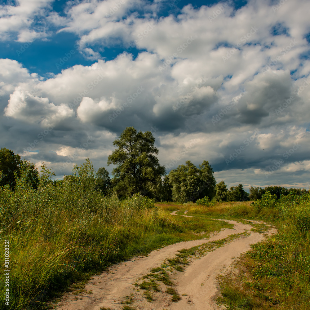 dirt road in a meadow leading to a deciduous forest with clouds on a sunny day. dirt road in a meadow leading to a deciduous forest with clouds on a sunny day.