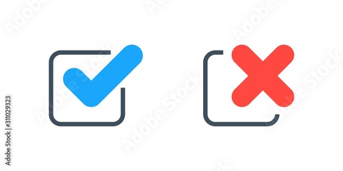 Tick and cross signs, checkmark and x or confirm and deny icon button flat for apps and websites symbol, Isolated sign symbol, Checkmark right symbol tick sign, Test question, checkbox button choose
