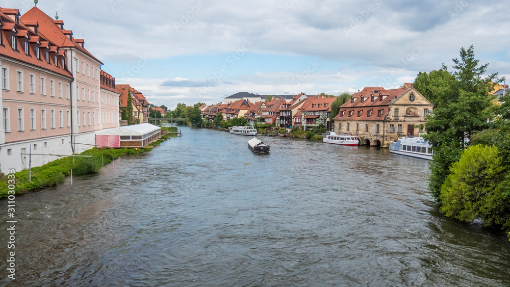 Boat moored near the small Venice, Klein Venedig, on the Regnitz river in Bamberg