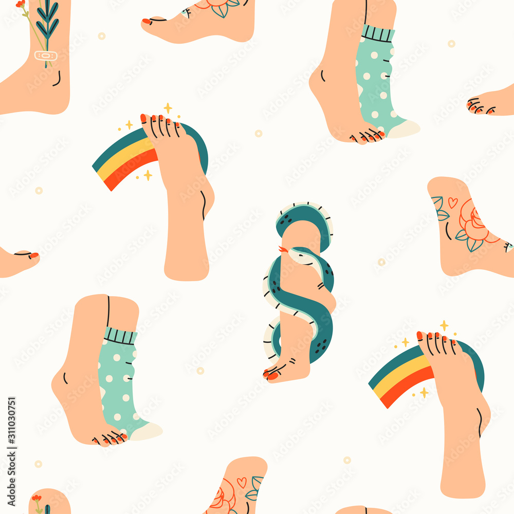 Elegant tender female legs and feet. Side view. Snake wrapped around neck.  Flowers, rainbow, tattoos, socks. Hand drawn colored trendy vector seamless  pattern. Wallpaper Stock Vector | Adobe Stock