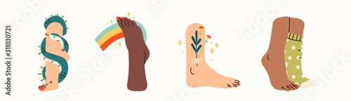 Elegant tender female legs and feet. Side view. Snake wrapped around neck. Flowers, rainbow, socks. Hand drawn colored trendy vector illustration. All elements are isolated