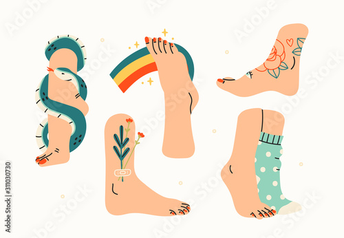 Elegant tender female legs and feet. Side view. Snake wrapped around neck. Flowers, rainbow, tattoos, socks. Hand drawn colored trendy vector illustration. All elements are isolated