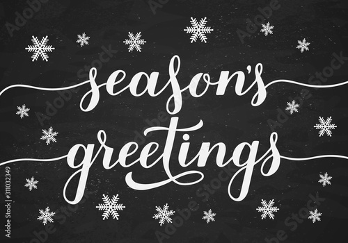 Season s Greetings calligraphy hand lettering on chalkboard background with snowflakes. Christmas and New Year typography poster. Easy to edit vector template for greeting card  banner  flyer  etc.