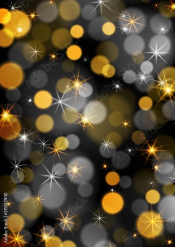 Dark bokeh background. Christmas glowing lights with sparkles. Holiday decorative effect.