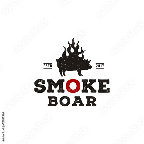 Smoke Grilled Pork Pig, Silhouette Burned Boar, Hog with Fire Flame Barbecue BBQ Vintage Logo design