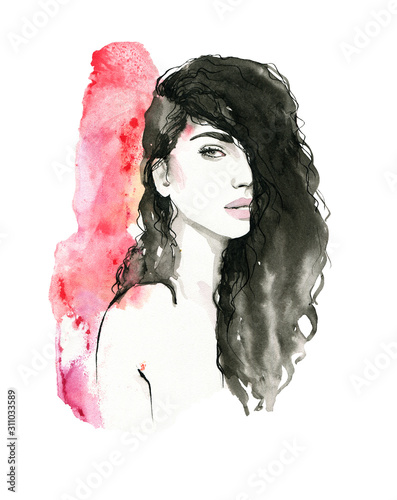 Fashion illustration. Watercolor portrait of a girl with black hair on a watercolor background. Makeup, beautiful hair, advertising for a beauty salon, makeup artist, hairdresser.