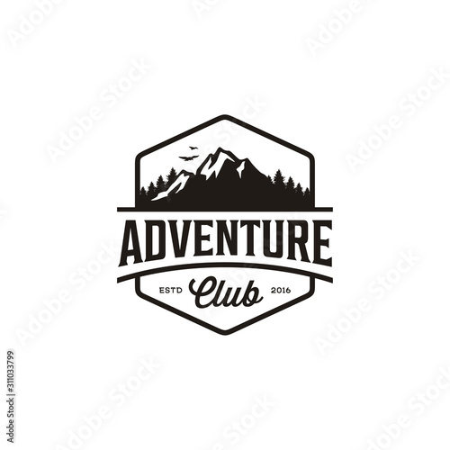 Vintage Badge of Mountain Adventure Outdoor Travel, Forest Hill Camp logo design