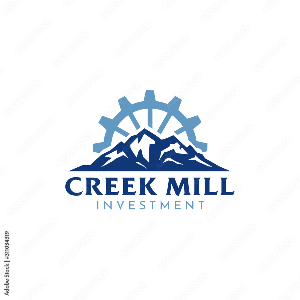 Mountain Forest with Gear, River Creek Water Cog Wheel Mill logo design 