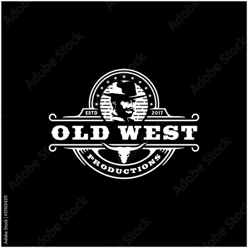 Cowboy and Texas Longhorn, Country Western Bull Cattle Vintage Label Logo Design