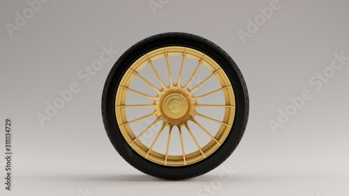 Black an Gold Alloy Rim Wheel with a 18 Thin Spokes Open Wheel Design with Racing Tyre 3d illustration 3d render