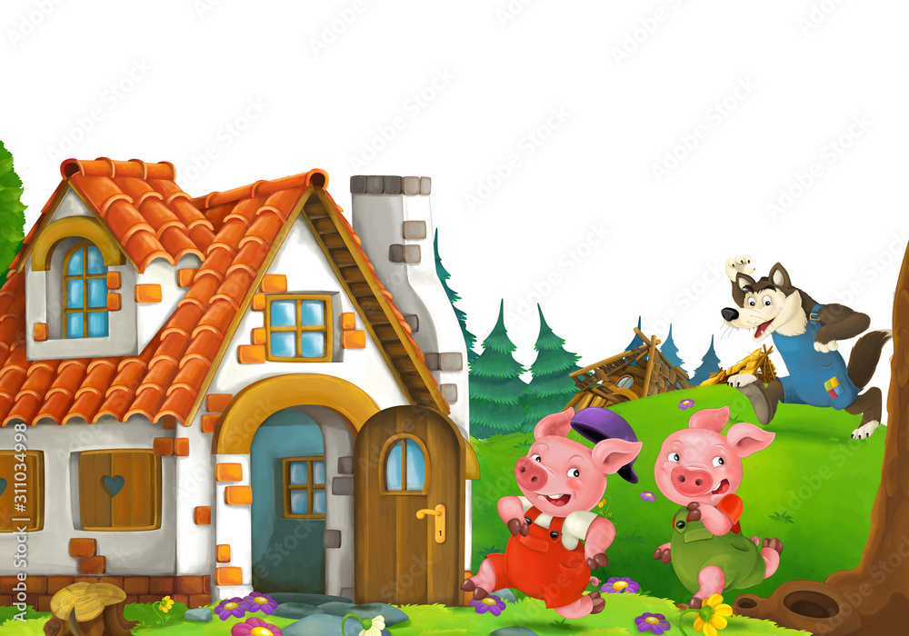 cartoon scene with home of three pigs farmers near the meadow with white background space for text - illustration for children cartoon scene with home of three pigs farmers near the meadow with white background space for text - illustration for children