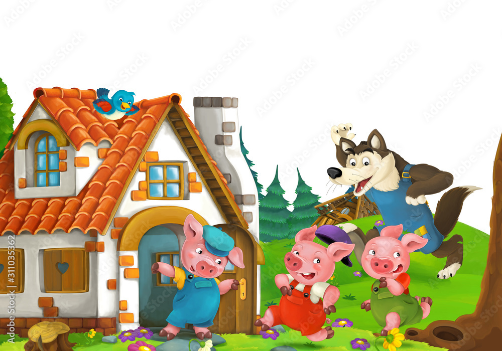 Obraz premium cartoon scene with home of three pigs farmers near the meadow with white background space for text - illustration for children