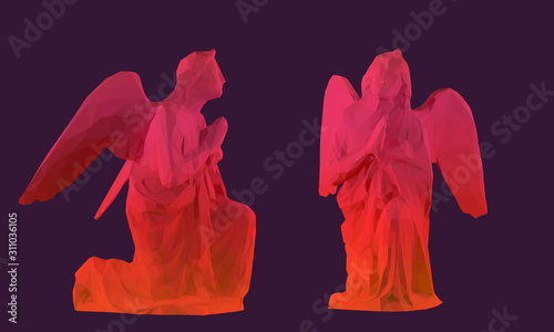 Cool Retro Angel. Set of Gradient Angels on Dark Background. Low Poly Vector 3D Rendering