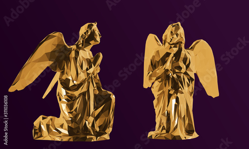 Gold Angel. Shiny Metallic Set of Golden Angels on Purple Background. Low Poly Vector 3D Rendering