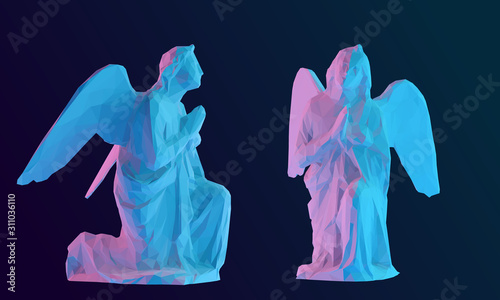 Vibrant Christmas Angel. Set of Holographic Angels on Isolated Background. Low Poly Vector 3D Rendering