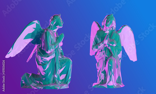 Vaporwave Christmas Angel. Set of Psychedelic Angels on Retro Background. Low Poly Vector 3D Rendering