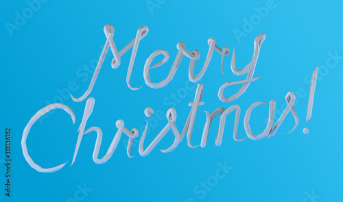 White Plaster Merry Christmas Lettering on Blue Background. Low Poly Vector 3D Rendering