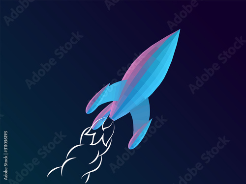 Holographic Rocket on Isolated Background. Vibrant Low Poly Vector 3D Rendering