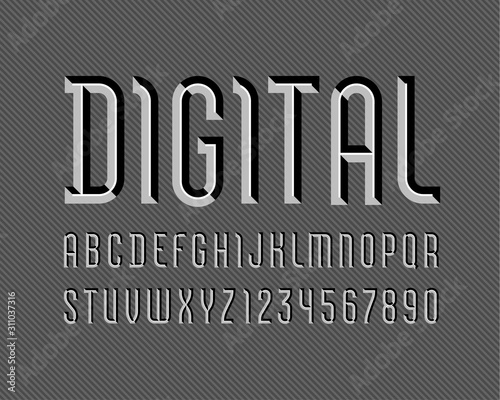 Digital alphabet of gray color, sans serif font, futuristic letters and numbers