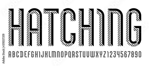 Font from hatching line, trendy simple alphabet sans serif, modern condensed black letters and numbers