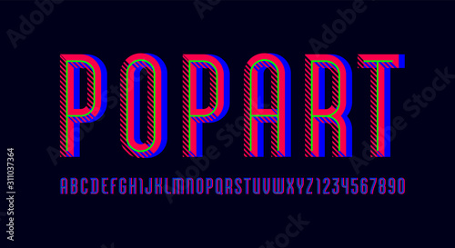 Pop art font, trendy striped alphabet sans serif, modern condensed letters and numbers with green line, for your calendar, flyer, poster, banner, vector illustration