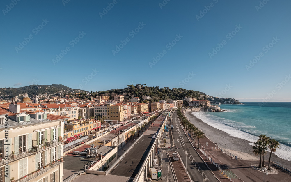 View over Promenade des Anglais and old town of Nice