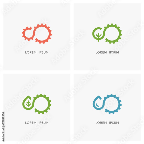 Industry and nature logo set. Gear wheel or pinion, green tree, leaf and drop of water symbol - mechanical engineering, alternative energy and hydro power, ecology and environment icons.