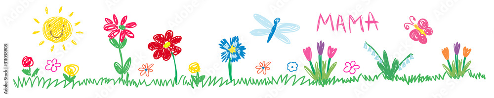 Fototapeta Children pattern. Kids drawing flowers, sun. Multicolored symbols set for kindergarten, school. Child protection, cancer awarenes