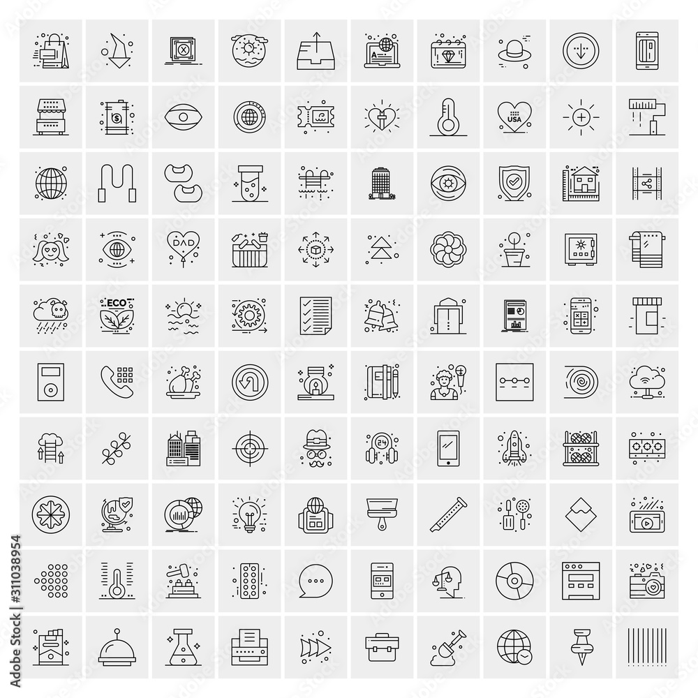 100 Universal Black Line Icons on White Background - obrazy, fototapety, plakaty 