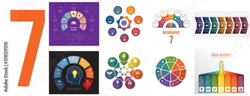 Set 8 universal templates for Infographics conceptual cyclic processes for 7 positions possible to use for workflow, banner, diagram, web design, timeline, area chart,number options