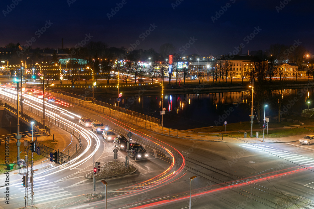 Intersection in evening, Liepaja, Latvia.
