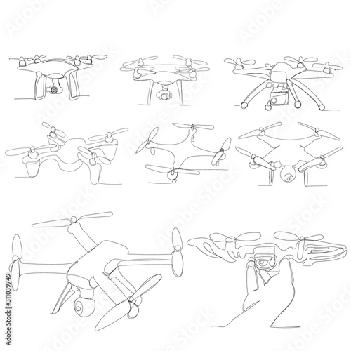 vector, isolated, quadrocopter drawing in one continuous line, set