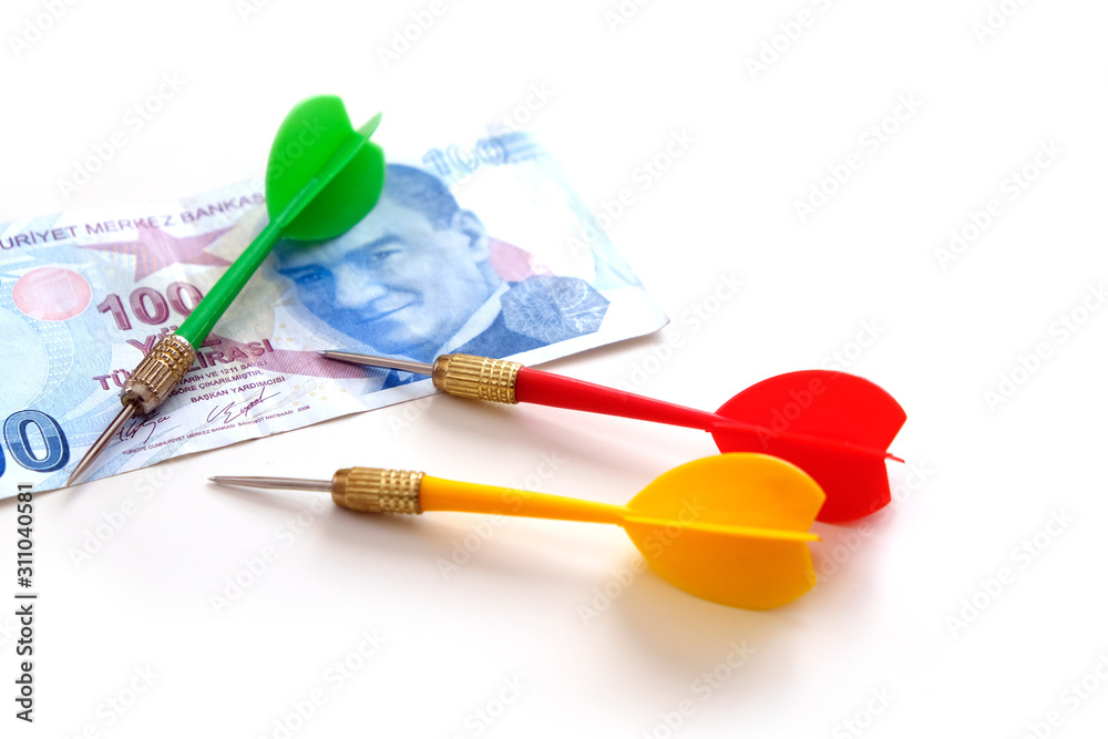 paper banknotes money and dart arrow, on white background paper banknotes money and dart arrow, on white background
