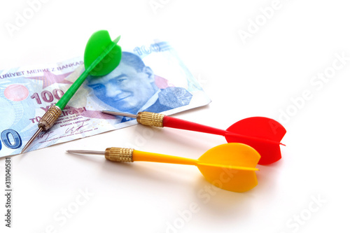 paper banknotes money and dart arrow, on white background