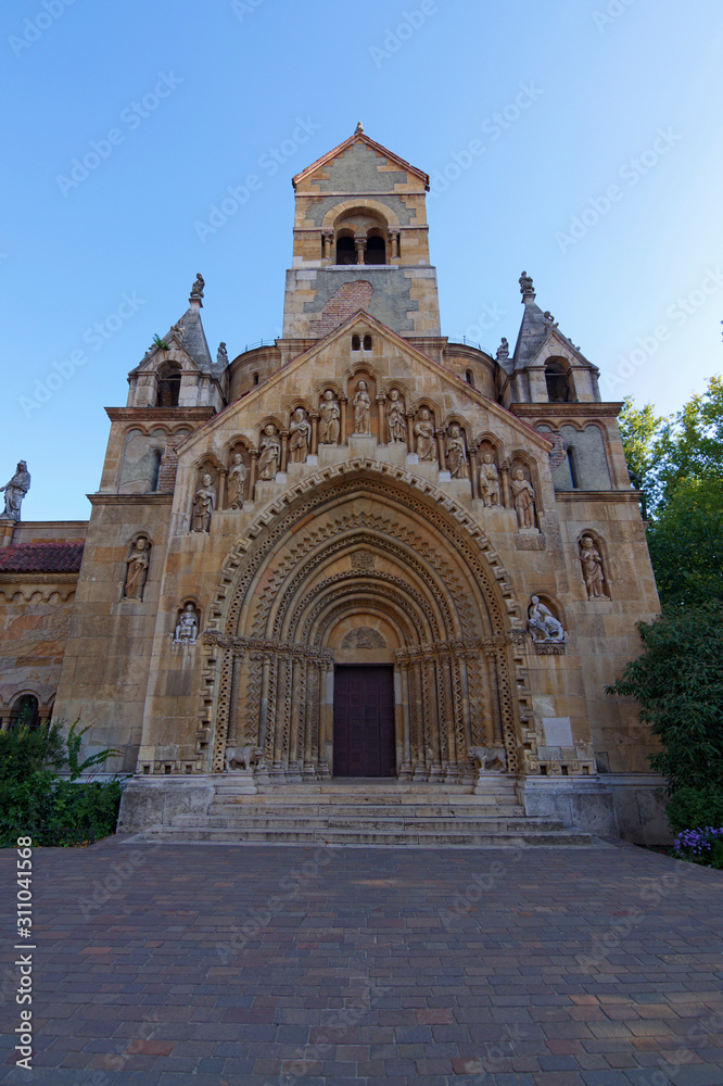 Close up view of the chapel in gothic style, ancient Vajdahunyad Castle. Famous touristic place and romantic travel destination. Budapest, Hungary