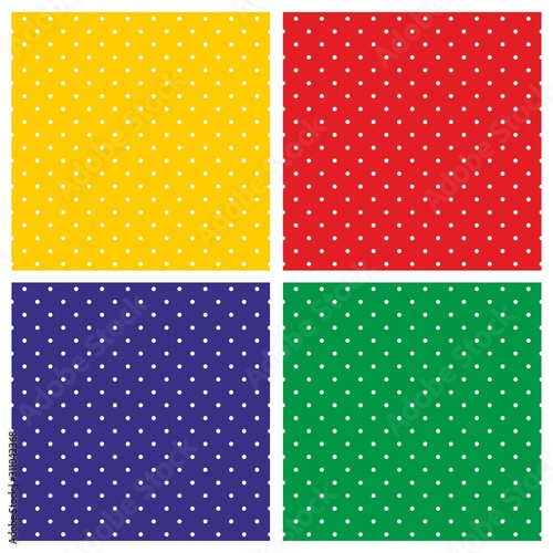Tile vector background set with white polka dots on colorful red, yellow, green and dark navy blue background